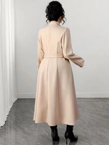 Elenzga Cardigan Panjang Elegan dengan Potongan A-Line dan Ikatan di Depan, Cocok untuk Pakaian Formal Kantor Musim Gugur/Musim Dingin Warna Emas untuk Wanita - Aprikot - View 2