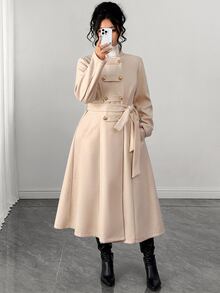 Elenzga Cardigan Panjang Elegan dengan Potongan A-Line dan Ikatan di Depan, Cocok untuk Pakaian Formal Kantor Musim Gugur/Musim Dingin Warna Emas untuk Wanita - Aprikot - View 3