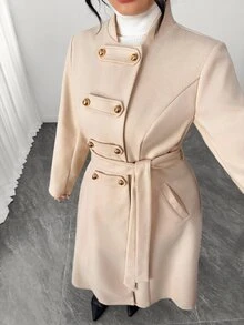 Elenzga Cardigan Panjang Elegan dengan Potongan A-Line dan Ikatan di Depan, Cocok untuk Pakaian Formal Kantor Musim Gugur/Musim Dingin Warna Emas untuk Wanita - Aprikot - View 9