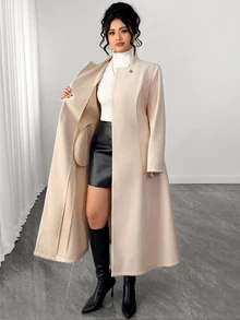 Elenzga Cardigan Panjang Elegan dengan Potongan A-Line dan Ikatan di Depan, Cocok untuk Pakaian Formal Kantor Musim Gugur/Musim Dingin Warna Emas untuk Wanita - Aprikot - View 4