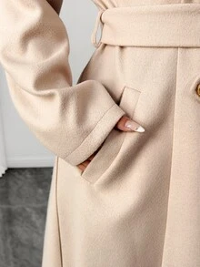 Elenzga Cardigan Panjang Elegan dengan Potongan A-Line dan Ikatan di Depan, Cocok untuk Pakaian Formal Kantor Musim Gugur/Musim Dingin Warna Emas untuk Wanita - Aprikot - View 8