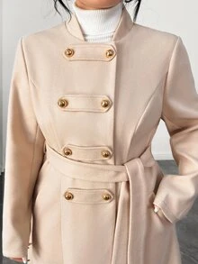 Elenzga Cardigan Panjang Elegan dengan Potongan A-Line dan Ikatan di Depan, Cocok untuk Pakaian Formal Kantor Musim Gugur/Musim Dingin Warna Emas untuk Wanita - Aprikot - View 7