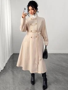 Elenzga Cardigan Panjang Elegan dengan Potongan A-Line dan Ikatan di Depan, Cocok untuk Pakaian Formal Kantor Musim Gugur/Musim Dingin Warna Emas untuk Wanita - Aprikot - View 1