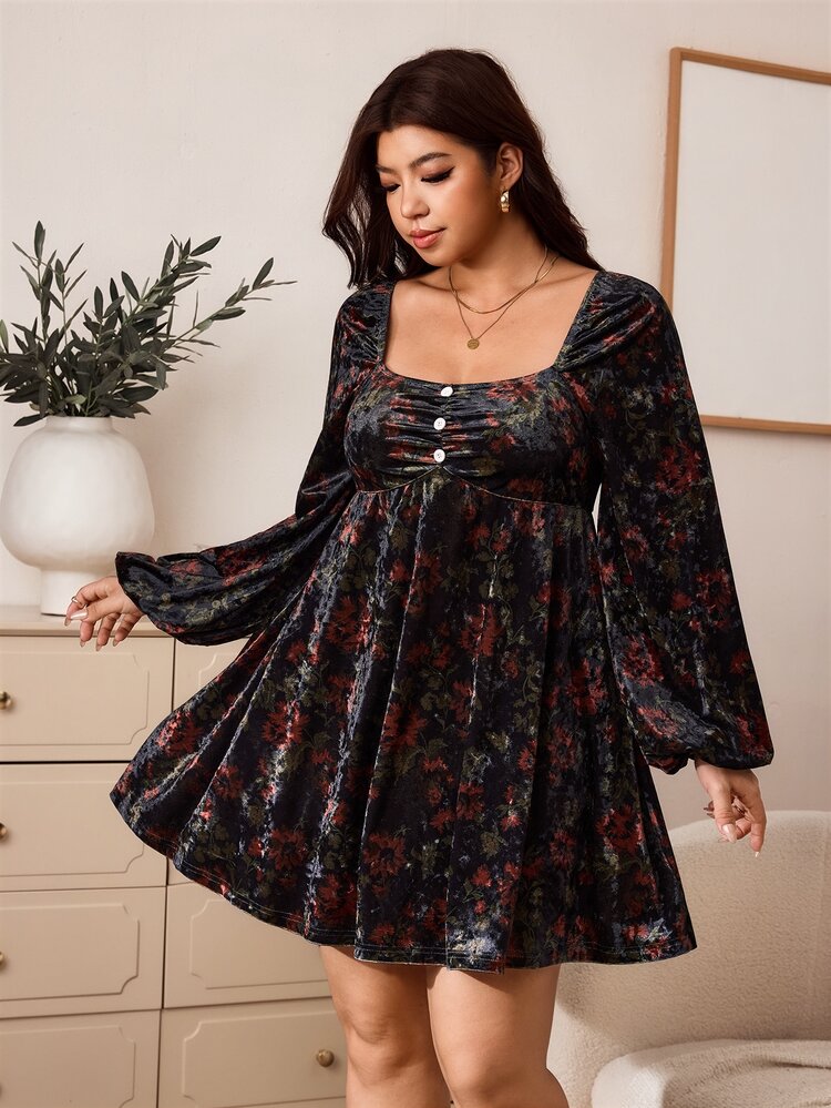 Enliva Gaun Mini Beludru Motif Bunga Ukuran Plus untuk Wanita, Leher Persegi, Lengan Panjang, Model Babydoll, Terinspirasi Halloween, Gaya Gotik Romantis, Menawan, Cocok untuk Bentuk Tubuh Apel - Hitam - View 1