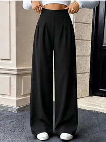SHEIN 青少年女孩休閒寬鬆可愛鬆腰百褶藍色長褲，百搭穿著，適合春夏秋冬，正式場合與工作穿著 - 黑色 - 查看 8