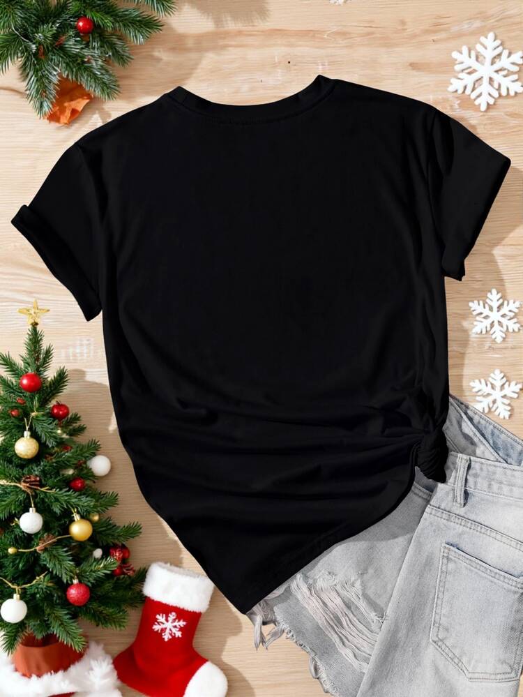 EMERY ROSE Family Christmas 2025 Festive Graphic T-Shirt,Black Summer Casual Everyday Crew Neck,Polyester Knit Regular Fit Matching Memories Design Shirt - Black - View 2