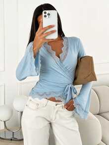 Siren Gaze Women's Sweet Vacation Lace Patchwork Long Sleeve Blouse For Dating Brunch Blue Lace Autumn Romantic Elegant - Baby Blue - View 6