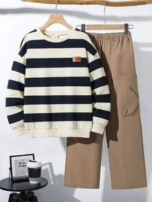 SHEIN 2件組兒童青少年男孩休閒軟綿條紋圓領套頭衛衣＋寬鬆貼袋直筒長褲 Y2K 套裝，適合秋冬、學校、家庭聚會、度假、派對，秋季穿搭，冬季穿搭，男孩套裝 - 彩色 - 查看 5
