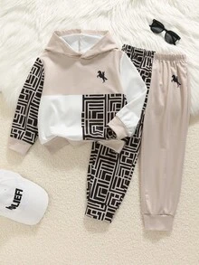 SHEIN 小男孩休閒簡約時尚馬標字母復古圖案蜘蛛網印花寬鬆運動風長袖連帽衛衣兩件套，適合秋冬穿著 - 彩色 - 查看 5