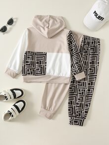 SHEIN 小男孩休閒簡約時尚馬標字母復古圖案蜘蛛網印花寬鬆運動風長袖連帽衛衣兩件套，適合秋冬穿著 - 彩色 - 查看 4