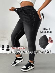 SHEIN CURVE+ 大尺碼女款修身時尚百搭牛仔褲，附口袋 - 黑色 - 查看 1