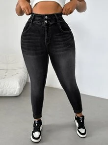 SHEIN CURVE+ 大尺碼女款修身時尚百搭牛仔褲，附口袋 - 黑色 - 查看 4