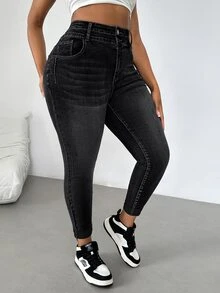 SHEIN CURVE+ 大尺碼女款修身時尚百搭牛仔褲，附口袋 - 黑色 - 查看 5