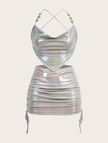 SHEIN ICON Women Two-piece Outfits Backless Kolor Ruched Plain Seksi - Perak - View 5