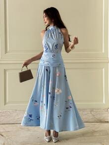 Cévolie Women's Floral Pattern Pleated Elegant Halter Neck Dress - Blue - View 4