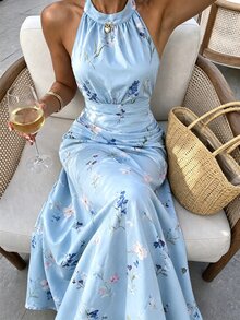 Cévolie Women's Floral Pattern Pleated Elegant Halter Neck Dress - Blue - View 3