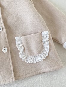 SHEIN Playful Pals جاكيت فرو للبنات الصغيرات قطعة واحدة، معطف أميرة حلوة باللون البيج والكريمي، مزين بالدانتيل وجيب، ناعم الملمس بأكمام طويلة وغطاء رأس سميك للحفلات في الخريف والشتاء وعيد الميلاد، بتصميم يونيكورن وأزرار - لون مشمشي - مشاهدة 8
