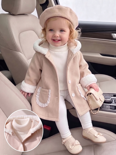 SHEIN Playful Pals 1pc Toddler Girl Jacket Fleece Coat Sweet Princess Beige Cream Lace Pocket Fuzzy Long Sleeve Hooded Thick Party Fall Winter Christmas Unicorn Button