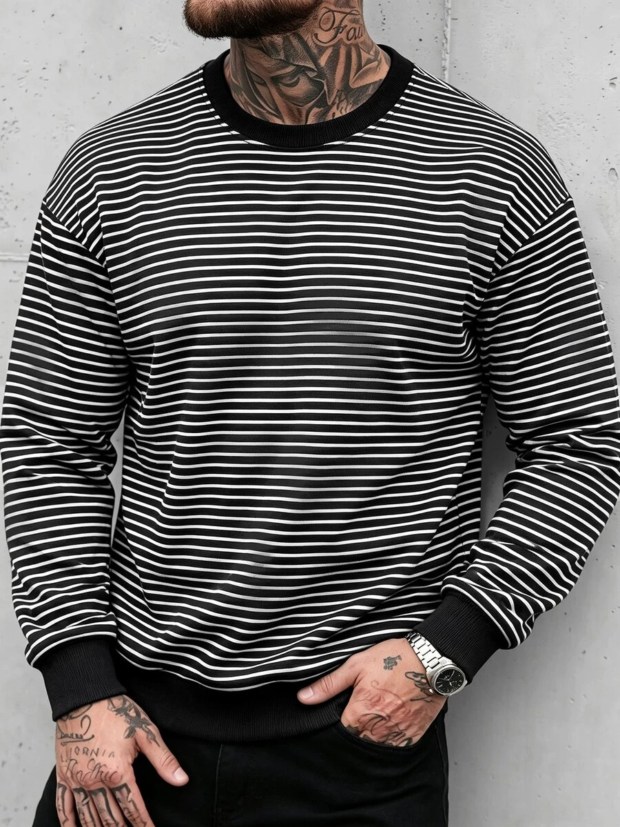 Manfinity Homme 男士舒適條紋布料長袖套頭襯衫,適合正式或休閒場合、休閒度假、晚餐聚會、簡約辦公、居家休閒穿著,百搭風格,適合自用或送給朋友的禮物,熱銷舒適條紋襯衫 - 黑與白 - 查看 1