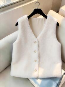 GlowEve CURVE Luxury Cream White Faux Fur Cardigan With V-Neck, Pearl Trim And Metal Buttons, Loose Fit - Apricot - View 3