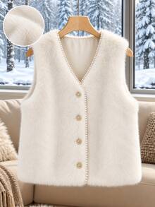 GlowEve CURVE Luxury Cream White Faux Fur Cardigan With V-Neck, Pearl Trim And Metal Buttons, Loose Fit - Apricot - View 4