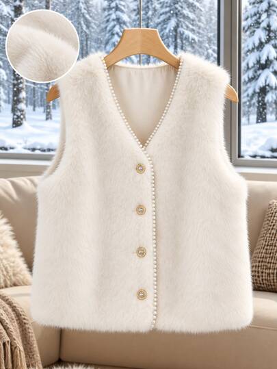 GlowEve CURVE Luxury Cream White Faux Fur Cardigan With V-Neck, Pearl Trim And Metal Buttons, Loose Fit
