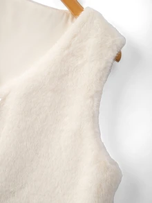 GlowEve CURVE Luxury Cream White Faux Fur Cardigan With V-Neck, Pearl Trim And Metal Buttons, Loose Fit - Apricot - View 6