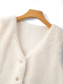 GlowEve CURVE Luxury Cream White Faux Fur Cardigan With V-Neck, Pearl Trim And Metal Buttons, Loose Fit - Apricot - View 5