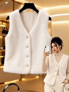 GlowEve CURVE Luxury Cream White Faux Fur Cardigan With V-Neck, Pearl Trim And Metal Buttons, Loose Fit - Apricot - View 1