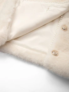 GlowEve CURVE Luxury Cream White Faux Fur Cardigan With V-Neck, Pearl Trim And Metal Buttons, Loose Fit - Apricot - View 9