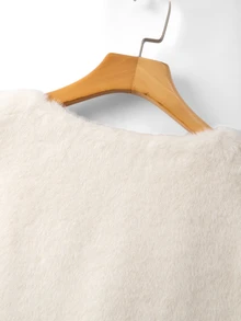 GlowEve CURVE Luxury Cream White Faux Fur Cardigan With V-Neck, Pearl Trim And Metal Buttons, Loose Fit - Apricot - View 7