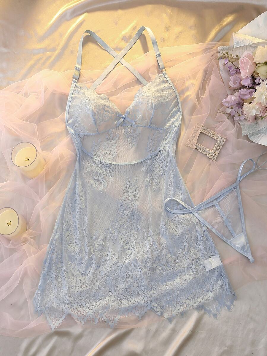 DelicateAllure 2 chiếc váy ngủ size lớn màu xanh nhạt phối ren, cổ chữ V sâu, thiết kế đan chéo xuyên thấu, phong cách lãng mạn thanh khiết tinh tế sang trọng - Màu xanh lam - Xem 1