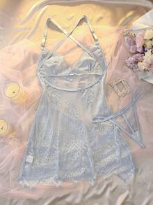 DelicateAllure 2 chiếc váy ngủ size lớn màu xanh nhạt phối ren, cổ chữ V sâu, thiết kế đan chéo xuyên thấu, phong cách lãng mạn thanh khiết tinh tế sang trọng - Màu xanh lam - Xem 2