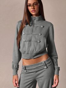Athîral Sweatshirt Kasual Serbaguna untuk Wanita dengan Resleting, Cocok untuk Sehari-hari - Dark Grey - View 4