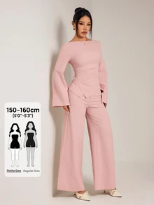 SHEIN PETITE Women's Solid Color Boat Neck Long Sleeve Top And Wide Leg Pants Casual 2 Pieces Set - Pink - View 11