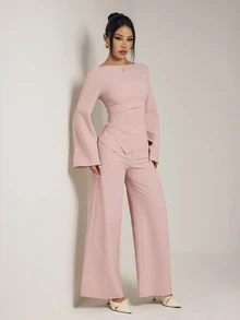 SHEIN PETITE Women's Solid Color Boat Neck Long Sleeve Top And Wide Leg Pants Casual 2 Pieces Set - Pink - View 5