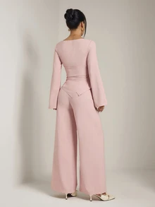 SHEIN PETITE Women's Solid Color Boat Neck Long Sleeve Top And Wide Leg Pants Casual 2 Pieces Set - Pink - View 2