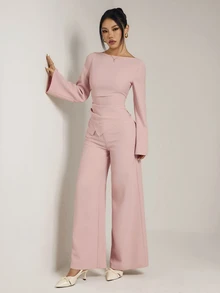 SHEIN PETITE Women's Solid Color Boat Neck Long Sleeve Top And Wide Leg Pants Casual 2 Pieces Set - Pink - View 8