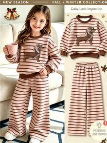 SHEIN Reset Phase 女童秋冬波點臘腸狗幼犬印花運動衫套裝，復古棕色調可愛臘腸狗圖案，寬鬆圓領長袖運動衫 + 搭配條紋寬腿褲，小女孩日常外出遛狗穿搭，時尚潮流兩件套，實用百搭秋冬童裝，萬聖節聖誕節開學可愛造型 - 彩色 - 查看 3