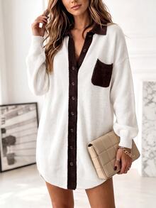 Holdful Holdful Spring Autumn Winter New Colorblock Design Loose Lazy Casual Style Women's Cardigan Vacation White And Brown Vacation - White - View 5
