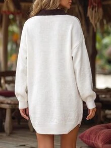 Holdful Holdful Spring Autumn Winter New Colorblock Design Loose Lazy Casual Style Women's Cardigan Vacation White And Brown Vacation - White - View 2