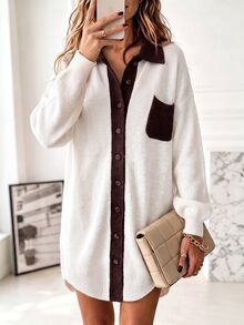 Holdful Holdful Spring Autumn Winter New Colorblock Design Loose Lazy Casual Style Women's Cardigan Vacation White And Brown Vacation - White - View 6