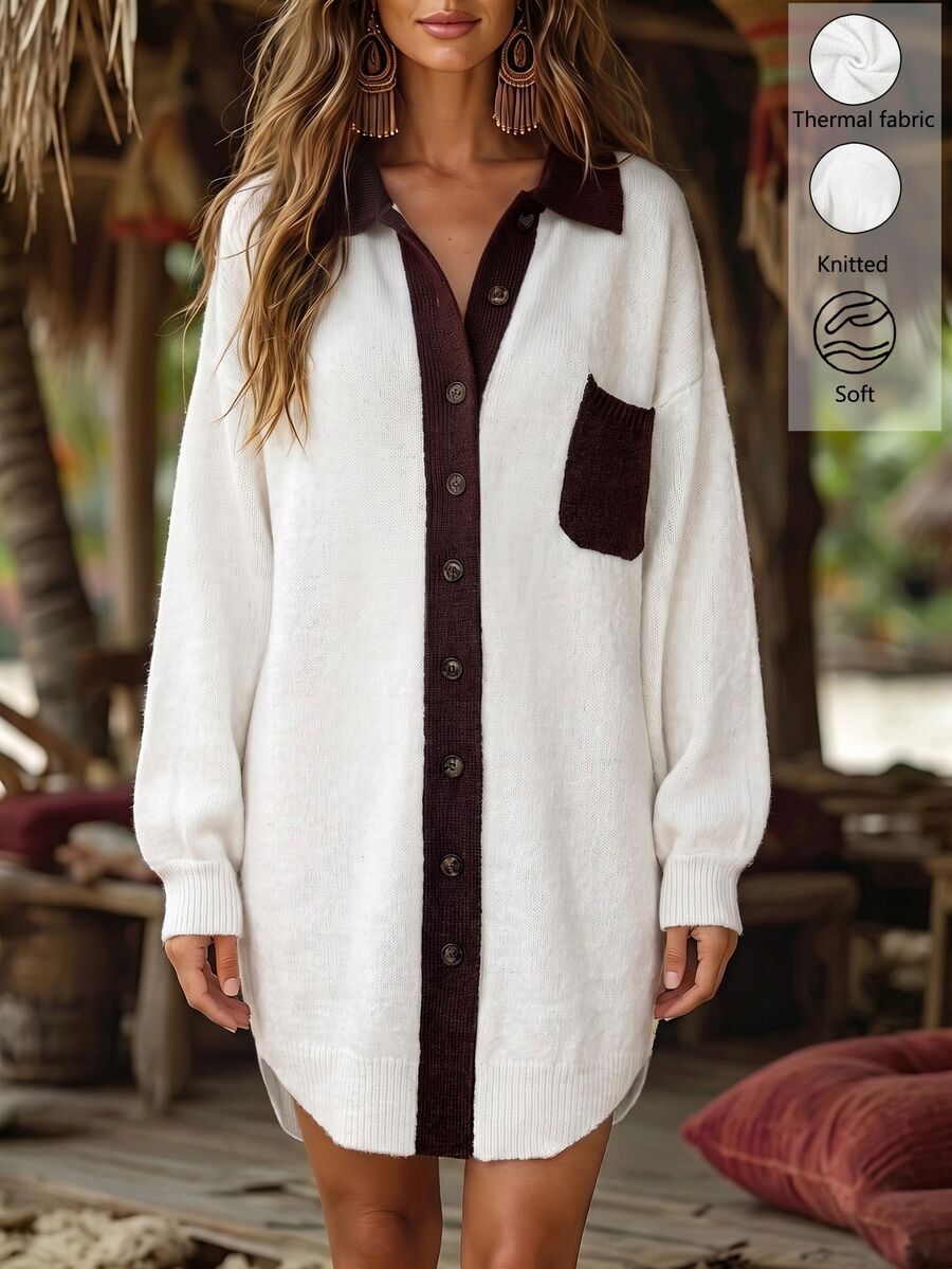 Holdful Holdful Spring Autumn Winter New Colorblock Design Loose Lazy Casual Style Women's Cardigan Vacation White And Brown Vacation - White - View 1