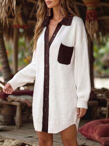 Holdful Holdful Spring Autumn Winter New Colorblock Design Loose Lazy Casual Style Women's Cardigan Vacation White And Brown Vacation - White - View 4