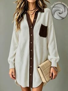 Holdful Holdful Spring Autumn Winter New Colorblock Design Loose Lazy Casual Style Women's Cardigan Vacation White And Brown Vacation - White - View 8