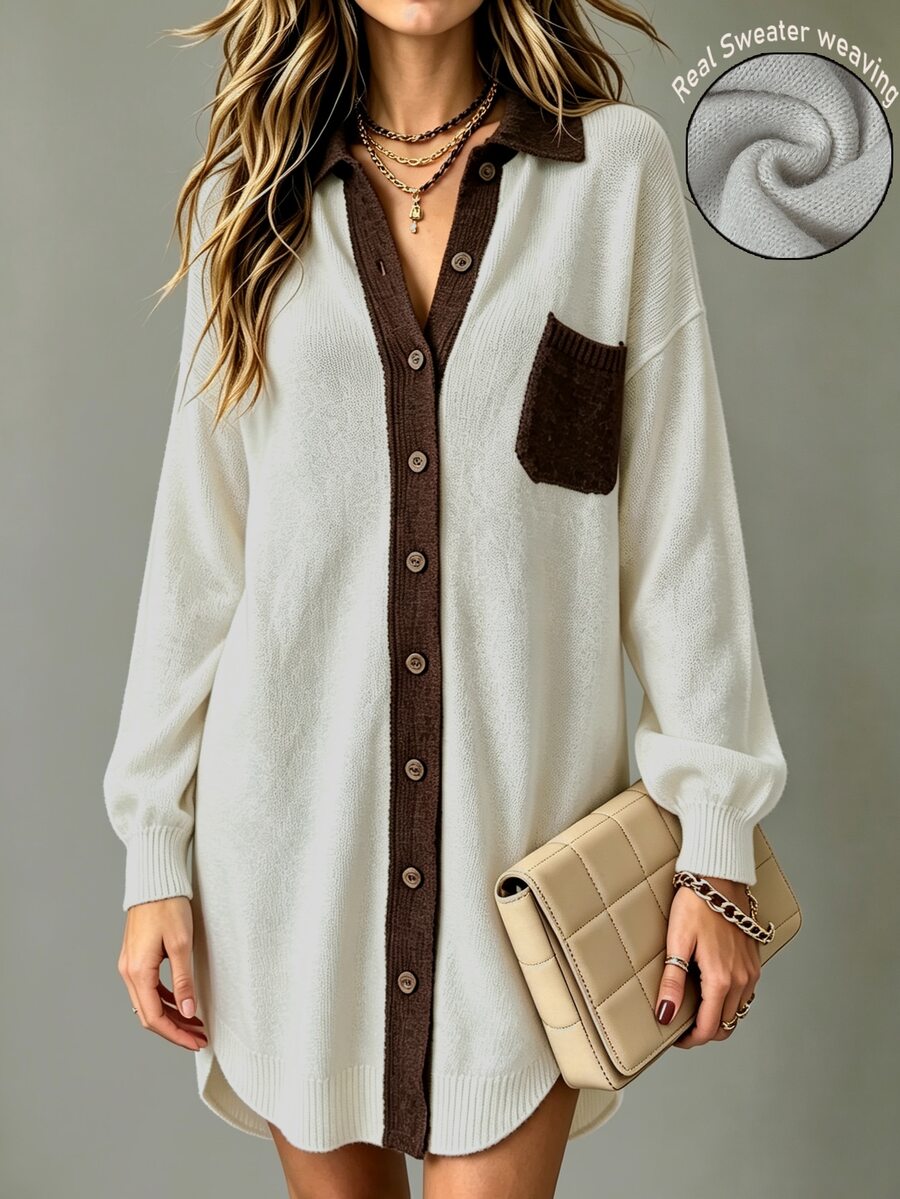 Holdful Holdful Spring Autumn Winter New Colorblock Design Loose Lazy Casual Style Women's Cardigan Vacation White And Brown Vacation - White - View 1