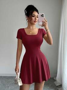 Elenzga Women's Summer Casual Solid Color Waist-Defining Dress - Burgundy - View 4