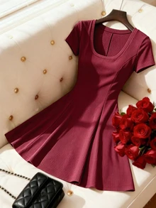 Elenzga Women's Summer Casual Solid Color Waist-Defining Dress - Burgundy - View 6