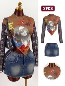 Mistrie Women's Sexy Fishnet Patchwork Character Print Top - Brown - View 2