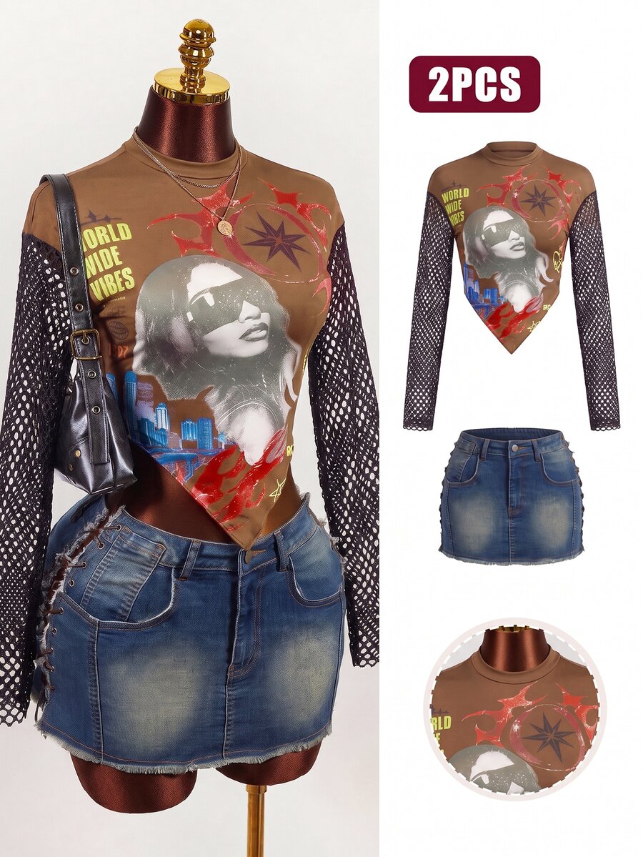 Mistrie Women's Sexy Fishnet Patchwork Character Print Top